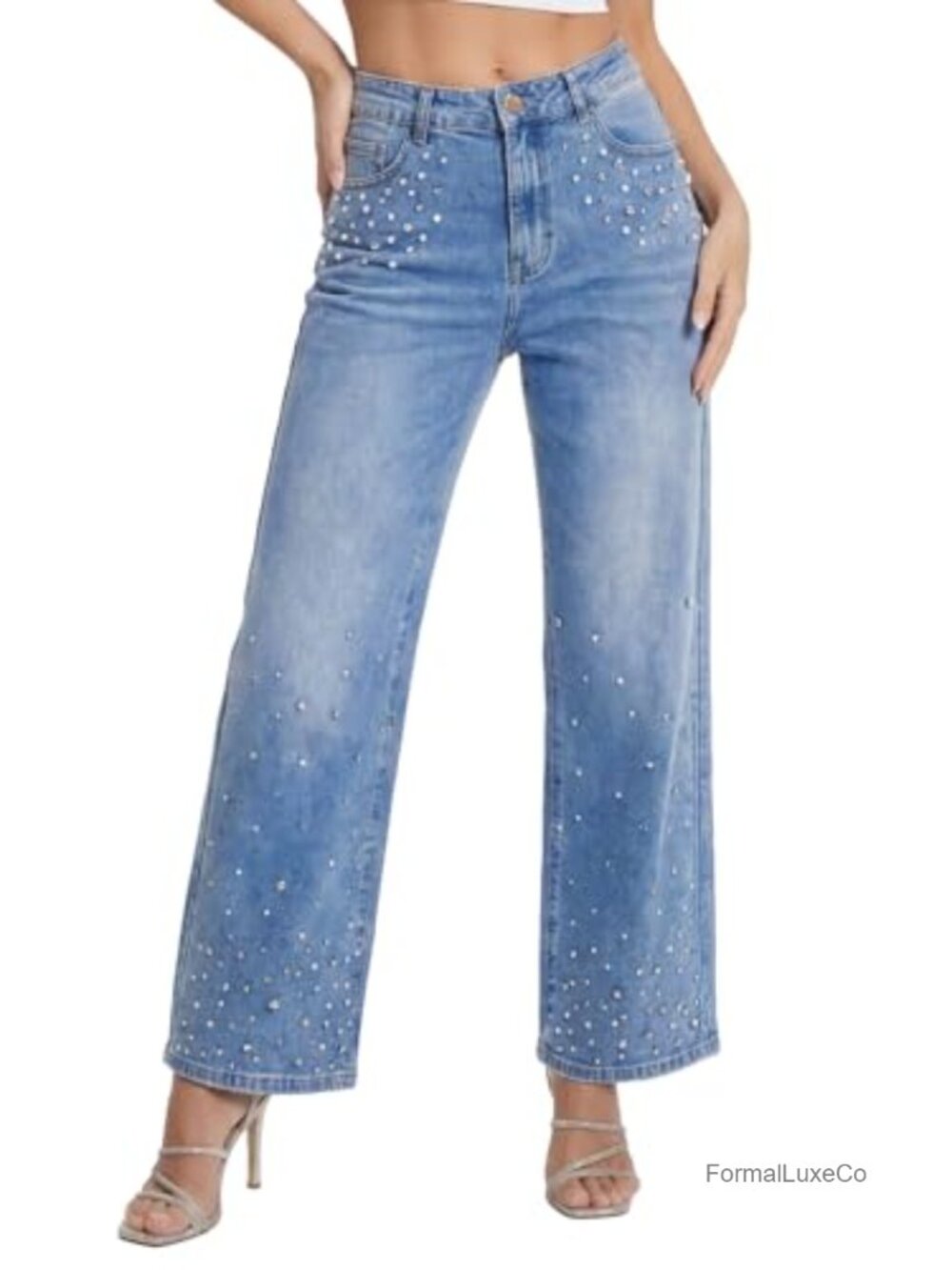 Womens Stretchy Pearl Rhinestone Straight Wide Leg High Rise Pull On Jeans